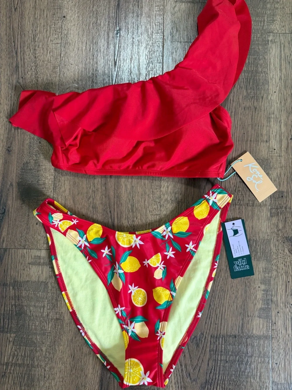NWT! KONA SOL - WIL FABLE fruit print 🍋🍋 One-Shoulder Ruffle Bikini Set M 8-10